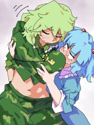 2girls big_breasts blue_hair blush blushing breast_grab breasts female female_only green_hair holding_breast kawashiro_nitori key lifting_shirt necklace nitori_kawashiro okinanocanvas sweating takane_yamashiro touhou yamashiro_takane yuri