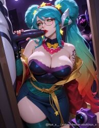 1boy ai_generated alternate_costume aqua_hair bare_shoulders blue_hair bracelet breasts camera cleavage double_bun dress earrings erection explicit fellatio fingerless_gloves glasses gloved_handjob gloves gradient_hair green_eyes hair_bun hair_ornament hairband handjob hetero jewelry large_breasts league_of_legends long_hair makeup moon multicolored_hair multiple_girls nail_polish necklace night nyx_x oral penis red_nails round_eyewear shiny solo_focus sona_(league_of_legends) star_(symbol) tattoo testicles thighhighs twintails uncensored