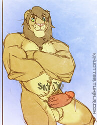 1boy 2014 anthro balls biceps blue_background brown_fur brown_mane crossed_arms dripping erection evane feline front_view fur green_eyes humanoid_penis kihu lion looking_at_viewer male male_only mammal mane mark_(evane) muscular muscular_male nude penis pink_penis portrait precum pubes simple_background sketch smile solo tattoo textured_background thick_penis three-quarter_portrait url vein veiny_penis