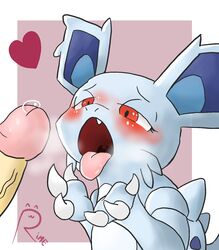 1boy 1girls 2016 blush claws eyelashes fangs female half-closed_eyes heart hi_res horn human humanoid_penis interspecies male mammal nidorina nintendo open_mouth penis pink_background pokemon pokephilia precum red_background red_eyes rime_the_vixen sex solo_focus straight teeth text tongue tongue_out veins veiny_penis video_games white_border