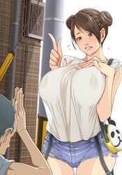 1boy aratama_(a-tama) breast_suppress breasts brown_eyes brown_hair cutoffs denim denim_shorts double_bun erect_nipples female flying_sweatdrops huge_breasts large_breasts original parted_lips see-through short_hair shorts standing sweat tagme thigh_gap thighs