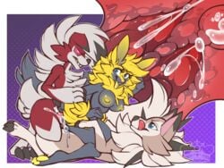 1girls 2016 2boys alpha_channel areolae arm_grab ass blue_eyes breasts brown_fur canine canine_penis claws cum cum_in_ass cum_in_pussy cum_inside double_penetration eyelashes feet female fur furry interspecies knot lycanroc male mammal midday_lycanroc midnight_lycanroc nintendo nipples nude on_back open_mouth original_character paws penetration penis pokemon pokemon_sm purple_background pussy_juice red_eyes red_fur sex smile straight tail threesome tongue tongue_out vaginal_penetration video_games wet whimsydreams white_fur wolf