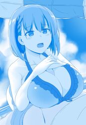 1boy beach_umbrella bikini blue braid breast_suppress breasts eyes female himura_kiseki_(style) large_breasts nao_(ritsancrossover) open_mouth outdoors paizuri penis short_hair swimsuit tied_hair umbrella