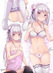 1boy bare_shoulders black_hair blush bra cameltoe collarbone deru06 emilia_(re:zero) female flower groin hair_flower hair_ornament highres lavender_hair long_hair looking_at_viewer lying multiple_views natsuki_subaru navel on_back panties parted_lips pointy_ears purple_eyes purple_panties re:zero_kara_hajimeru_isekai_seikatsu sitting tears thighhighs towel underwear wet