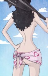 1girls alvida ass back_view bare_legs bare_shoulders black_hair blue_background breasts cloud club duskchant female female_only hand_on_hip long_hair medium_breasts one_piece pale-skinned_female pale_skin panties shiny sky solo standing striped striped_panties