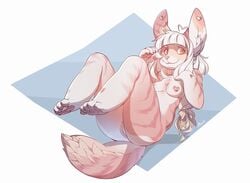 5_toes anthro breasts digitigrade female fur hair heart inner_ear_fluff lagomorph mammal nude patto pink_nose pink_stripes pussy rabbit simple_background smile solo striped_fur stripes toes white_hair