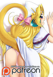 1girls ass blonde_hair blush breasts dragon_girl dress ethevian female filia_ul_copt humanoid large_breasts long_hair looking_at_viewer looking_back pale-skinned_female pale_skin panties priestess ribbon slayers solo tail wide_hips