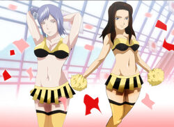 2girls armpits arms_behind_head black_bra black_eyes blue_hair bra breasts brown_eyes brown_hair cana_alberona cheerleader crossover fairy_tail female female_only konan legs legwear light_skin long_hair looking_at_viewer medium_breasts miniskirt mr123goku123 multiple_girls naruto orange_eyes rose shiny shiny_skin short_hair smile stocking stomach thigh_highs yellow_bra yellow_legwear