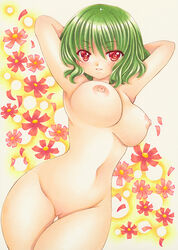 armpits arms_behind_head arms_up ass_visible_through_thighs breasts curvy female green_hair large_breasts marker_(medium) navel nipples nude pussy red_eyes satsuki_(gogotaru) thick_thighs thigh_gap thighs touhou traditional_media wide_hips yuka_kazami