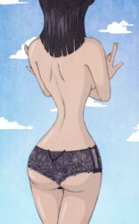 1girls ass back_view bare_legs bare_shoulders black_hair blue_background breasts cloud crossed_arms duskchant female female_only fingers hips lace_panties legs medium_breasts nico_robin one_piece panties pre-timeskip shiny shiny_skin short_hair sky solo standing topless