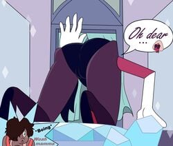 2girls accidentally_stuck ass ass_up cameltoe cartoon_network clothed dialogue english_text female female_only female_with_female femsub gem_(species) gem_fusion know_your_fusion_(steven_universe) large_ass pussy pussy_visible_through_clothes sardonyx_(steven_universe) sleeptalker smoky_quartz_(steven_universe) steven_universe stuck stuck_in_door text yuri