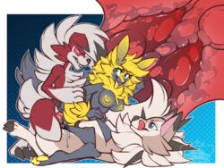 1girls 2016 2boys alpha_channel areolae arm_grab ass blue_background blue_eyes breasts brown_fur canine canine_penis claws double_penetration eyelashes feet female fur furry interspecies knot lycanroc male mammal midday_lycanroc midnight_lycanroc nintendo nipples nude on_back open_mouth original_character paws penetration penis pokemon pokemon_sm pussy_juice red_eyes red_fur sex smile straight tail threesome tongue tongue_out vaginal_penetration wet whimsydreams white_fur wolf