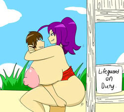 akua_(igphhangout) breasts huge_breasts igphhangout large_breasts nipples original original_character ponytail purple_hair sex small_dom_big_sub standing swimsuit tied_hair topless