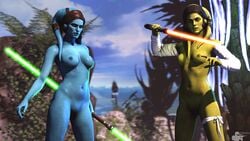 2girls 3d areolae arm_warmers armwear blue_skin breasts female female_only green_lightsaber green_skin holding_sword holding_weapon jedi lightsaber navel nipples nude orange_lightsaber original_character outdoors rookie425 science_fiction scifi small_breasts standing star_wars sword twi'lek vagina weapon yellow_eyes