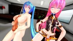 aquamarine_hair breasts busty cum futa_with_futa futanari hatsune_miku huge_breasts huge_cock intersex masturbation megurine_luka mmd penis pink_hair vocaloid