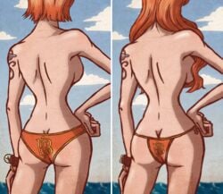 1girls age_difference back_view bare_legs bare_shoulders blue_background bracelet breasts cloud duskchant female female_only hand_on_hip hips large_breasts legs long_hair medium_breasts nami one_piece orange_hair orange_panties panties shiny shiny_skin short_hair sky solo standing tattoo topless water