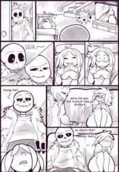 ! 1boy 1girls ass awkward big_ass blush breasts busted caught clothes clothing comic frisk human kayla-na masturbation moaning monochrome monster movie_night_(kayla-na) sans sansscham shirt_lift skeleton text thighs undertale