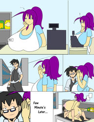 1boy 1girls akua_(igphhangout) anal ass black_hair blue_eyes bored breasts_bigger_than_head comic cowgirl_position cum cum_in_ass gigantic_breasts glasses huge_breasts igphhangout lactation nude original original_character ponytail public purple_hair sex small_sub_big_dom tied_hair