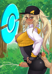 1boy 1girls areolae ass biting_lip blonde_hair breasts breasts_out buttjob censored clothed clothed_female_nude_male cum cumshot dark-skinned_futanari dark_skin erection eyelashes female_protagonist_(pokemon_go) foreskin from_behind futa_is_smaller futanari gloves hat heart heart-shaped_pupils human intersex knightgawain long_hair looking_at_viewer male male_on_futa nipples outdoors penis penis_out pokemon pokemon_go ponytail standing tied_hair veins veiny_penis yellow_eyes