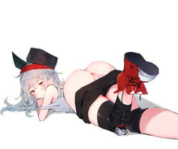 aak absurdres anus ass bangs bare_shoulders bike_shorts black_hat black_shorts blush blush_stickers brown_eyes closed_mouth eyebrows_visible_through_hair female g11_(girls_frontline) girls'_frontline grey_tank_top hair_between_eyes hat heckler_&_koch highres knee_pads long_hair looking_at_viewer looking_back lying on_stomach pussy red_footwear shadow shoes short_shorts shorts shorts_pull silver_hair solo tank_top white_background