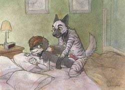 all_fours bed bedding blanket blue_eyes brown_fur brown_hair bulge buttjob canine clothing collar erection fur grey_fur hair hyena jockstrap kneeling male male_only mammal open_mouth orange_eyes pillow sicklyhypnos underwear white_fur yaoi young