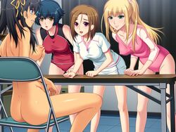 4girls aqua_eyes areolae ass black_hair blonde_hair blue_eyes blue_hair breasts brown_hair clenched_teeth erect_nipples fudegaki_soft game_cg green_eyes leaning_forward long_hair multiple_girls nipples nude open_mouth purple_eyes saiminjutsu_3 segawa_tsubasa short_hair sitting smile standing sweat