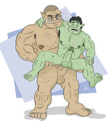 anal anal_sex armpit_hair armpits balls bigbrownorc cum cum_inside cumshot ejaculation erection forced green_skin humanoid humanoid_penis male male_only muscular nipples nude open_mouth orc orgasm penetration penis rape sex simple_background size_difference warcraft yaoi