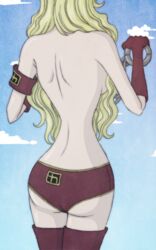 1girls ass back_view bare_shoulders blonde_hair blue_background cloud domino_(one_piece) duskchant female female_only gloves handcuffs hips legs legwear long_hair one_piece panties red_gloves red_legwear red_panties sky standing stocking thigh_highs very_long_hair