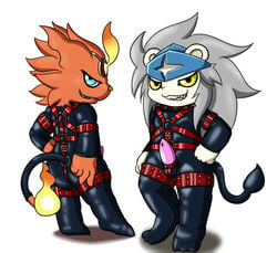 2boys animal_genitalia anthro cock_ring collar coronamon digimon erection evil_face feline front_view furry harness looking_at_viewer looking_back male_only mammal penis pinup pose rear_view rubber sheath skin_tight smile smirk soukouryu spadamon spiked_collar spikes standing tapering_penis testicles