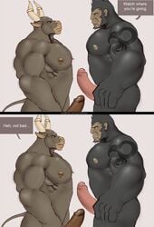 ... 2014 anthro ape biceps big_penis black_fur bovine brown_fur brown_penis buck_(evane) cattle dax_(evane) dialogue duo english_text erection evane eye_contact foreskin fur gold_(metal) gorilla green_eyes grey_background hi_res horn horn_ring humanoid_penis k0suna male male_only mammal muscular muscular_male nipple_piercing nipples nude pecs penis piercing pink_penis primate simple_background speech_bubble tattoo text thick_penis uncut url yellow_eyes