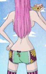 1girls ass back_view bare_shoulders blue_background breasts cloud duskchant eating female female_only food hand_on_hip hips jewelry_bonney large_breasts legs long_hair one_piece pale-skinned_female pale_skin panties pink_hair pizza shiny sky solo standing