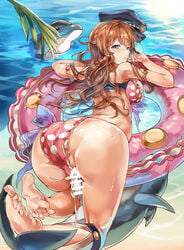 1girls ass bikini blue_eyes breasts brown_hair censored dolphin feet female granblue_fantasy himuro_(dobu_no_hotori) innertube lecia_(granblue_fantasy) long_hair looking_at_viewer looking_back partially_visible_vulva polka_dot polka_dot_bikini solo swimsuit vaginal_penetration zoophilia