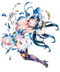 armor arms_up artist_request bangs blue_hair breasts broken_armor character_request exploding_clothes female floating_hair full_body gloves green_eyes high_heels long_hair looking_at_viewer open_mouth simple_background solo thighhighs torn_clothes white_background