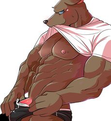 1boy abs absurd_res anthro blush canine clothed clothing colored hi_res league_of_legends male male_only mammal mayar muscular nasus pecs riot_games simple_background solo underwear undressing white_background