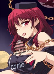 black_shirt blush breast_grab breasts collar cum cum_in_mouth cum_on_body cum_on_breasts cum_on_tongue cum_on_upper_body cum_string female fingernails gold_chain grabbing hecatia_lapislazuli hemogurobin_a1c large_breasts long_hair looking_at_viewer moon_(ornament) nail_polish off-shoulder_shirt one_eye_closed paizuri penis pink_nails red_eyes red_hair shirt short_sleeves solo tongue tongue_out touhou