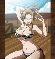 1girls armpits arms_behind_head bare_legs bikini black_eyes breasts brown_hair earrings evergreen_(fairy_tail) fairy_tail female female_only happy hips large_breasts legs looking_at_viewer open_mouth pink_lipstick rose sitting smile solo stomach tied_hair