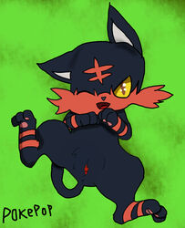 1girls 2016 anus ass black_fur black_nose feet feline female feral fur furry green_background litten looking_at_viewer mammal multicolored_fur nintendo nude open_mouth paws pokemon pokemon_sm pokepop_(artist) pussy red_fur red_sclera simple_background smile solo spread_legs spreading tail text tongue video_games whiskers wink yellow_eyes