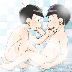 2boys ass barefoot black_hair blush brothers family incest male_only matsuno_ichimatsu matsuno_jyushimatsu multiple_boys naughty_face nude osomatsu-kun osomatsu-san siblings sitting steam water wet yaoi