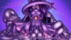 1boy 1girls 2016 anthro breasts clitoris clothing cum cum_in_pussy cum_inside dialogue dress ejaculation english_text erection eyelashes female galaxyoron ghost goo hair hat humanoid interspecies long_hair male mismagius muk nintendo no_panties open_mouth orgasm penetration penis pokemon pokemon_(species) purple_background purple_hair pussy red_eyes sex slime_monster spirit straight testicles text vaginal_penetration video_games yellow_sclera