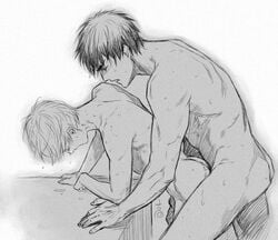 2boys anal closed_eyes kagami_taiga kuroko_no_basuke kuroko_tetsuya male_only monochrome multiple_boys muscle nude sex size_difference wince yaoi