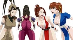 4girls animated ass bare_legs bare_shoulders black_hair bodysuit bouncing_breasts breasts brown_hair capcom cleavage closed_eyes crossover dead_or_alive fatal_fury female female_only fishnet fishnets fully_clothed hair_ribbon human human_only ibuki_(street_fighter) invisible_man japanese_clothes kasumi_(doa) king_of_fighters large_breasts legs long_hair looking_back looking_down mai_shiranui multiple_girls necrolust ninja open_mouth orange_hair ponytail shiny shiny_skin snk soul_calibur standing standing_sex street_fighter taki tecmo tied_hair very_long_hair white_background