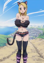 1girls anime_screencap bare_shoulders bell black_legwear blonde_hair blush boots breasts brown_eyes cat_ears cleavage cloud crossed_arms fairy_tail female female_only grass hips huge_breasts legs legwear long_hair long_legs looking_at_viewer lucy_heartfilia miniskirt open_mouth panties shiny shiny_skin shy sky solo standing stocking stomach sweat tail thigh_highs thighhighs walking water