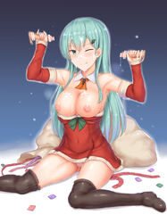 aqua_hair bangs bar_censor bare_shoulders black_legwear blush bow breasts breasts_out cai_geng censored christmas christmas_tree_hair_ornament cleavage condom_packet_strip condom_wrapper covered_navel cum cum_on_body cum_on_breasts cum_on_upper_body cum_string detached_collar disembodied_penis double_handjob elbow_gloves facial female fingerless_gloves fur-trimmed_gloves gloves green_bow green_eyes hair_between_eyes hair_ornament handjob highres kantai_collection large_breasts licking_lips long_hair looking_at_viewer nipples one_eye_closed panties penis pink_panties red_gloves sack santa_costume shiny shiny_hair sitting solo suzuya_(kantai_collection) thighhighs tongue tongue_out underwear