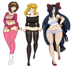 3girls breasts crossover female female_only fishnets high_heels ipod kasugano_tsubaki large_breasts legs long_hair midriff mirai_nikki multiple_girls nipple_bulge panties ribbon sawachika_eri school_rumble short_hair short_skirt socks suzumiya_haruhi suzumiya_haruhi_no_yuuutsu thigh_highs walking white_background