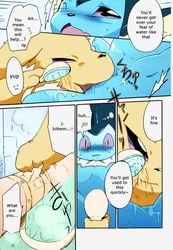 1girls azuma_minatsu blush comic cunnilingus doujinshi eeveelution female furry jolteon nintendo oral pokémon_(species) pokemon pussy sex text tongue vaginal_penetration vaporeon video_games wet