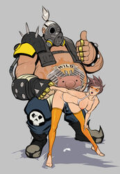 1boy 1girls arm_grab bent_over breasts brown_hair cum cum_drip cum_in_pussy cum_inside fat_man female goggles izra larger_male male nipples obese obese_male open_mouth overwatch overweight overweight_male roadhog short_hair spiked_hair spikes straight tank_top tattoo thighhighs thumbs_up toeless_legwear topknot tracer vaginal_penetration white_hair yellow_legwear