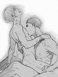 2boys anal aomine_daiki bite blood kise_ryouta kuroko_no_basuke male_only monochrome multiple_boys nude sex sitting sitting_on_person wince yaoi