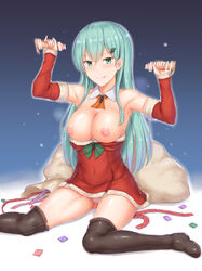 aqua_hair bangs bar_censor bare_shoulders black_legwear blush bow breasts breasts_out cai_geng censored christmas christmas_tree_hair_ornament cleavage condom_packet_strip condom_wrapper covered_navel detached_collar disembodied_penis double_handjob elbow_gloves female fingerless_gloves fur-trimmed_gloves gloves green_bow green_eyes hair_between_eyes hair_ornament handjob highres kantai_collection large_breasts licking_lips long_hair looking_at_viewer nipples panties penis pink_panties red_gloves sack santa_costume shiny shiny_hair sitting solo suzuya_(kantai_collection) thighhighs tongue tongue_out underwear