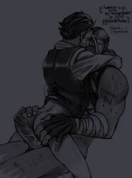 2boys ass ass_grab bara borderlands cowgirl_position erection gloves groping happy happy_sex hat krieg krieg_(borderlands) male_only mask multiple_boys muscle naughty_face penis riding romantic sitting sitting_on_person straddling text yaoi