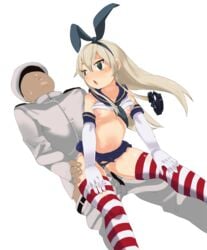 1boy admiral_(kantai_collection) ass_grab black_panties blush breasts clitoris clothed_sex eyebrows eyebrows_visible_through_hair female hair_ornament hat kantai_collection long_hair man0. nipples open_mouth panties panties_aside penis pussy sex shimakaze_(kantai_collection) shiny shiny_skin shirt shirt_lift simple_background skirt small_breasts straight striped striped_legwear sweat tears uncensored underwear vaginal_penetration white_background